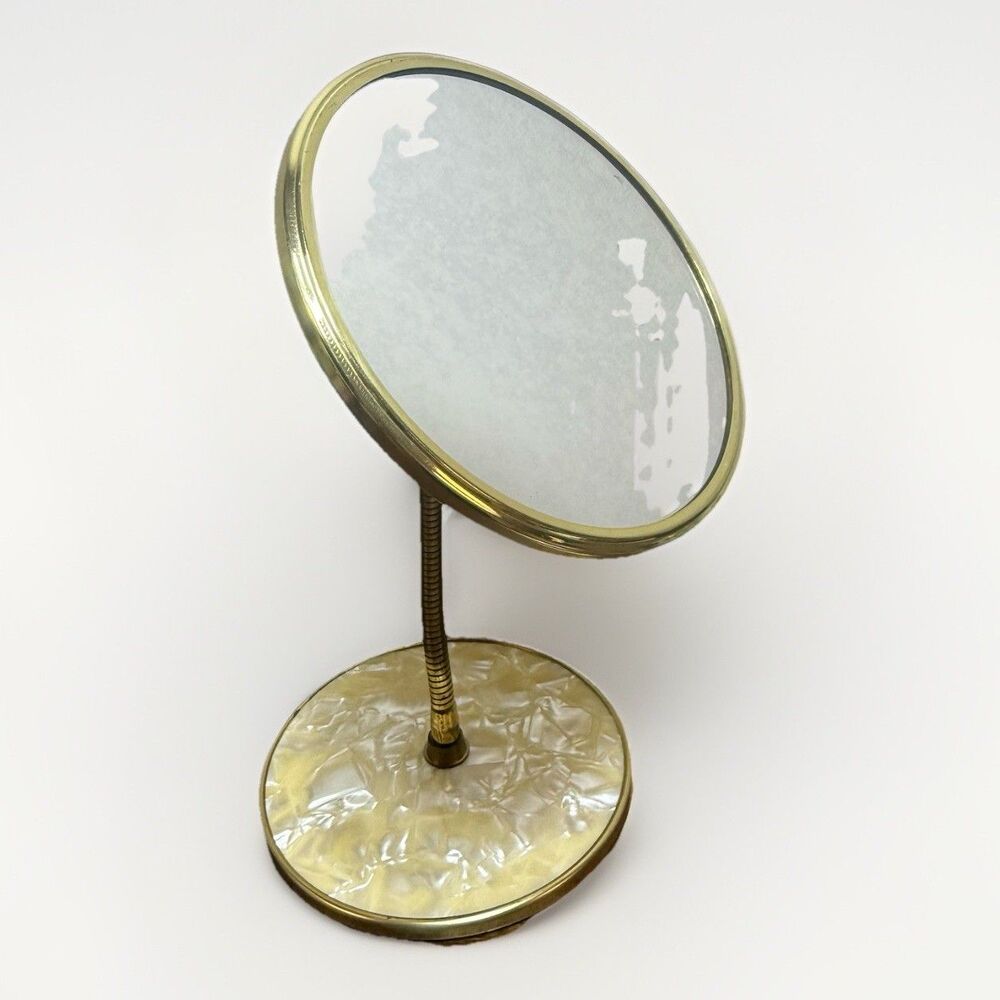 Vintage Brass Gooseneck Double Vanity Mirror Pearlescent Base Hollywood Regency - Picture 1 of 11